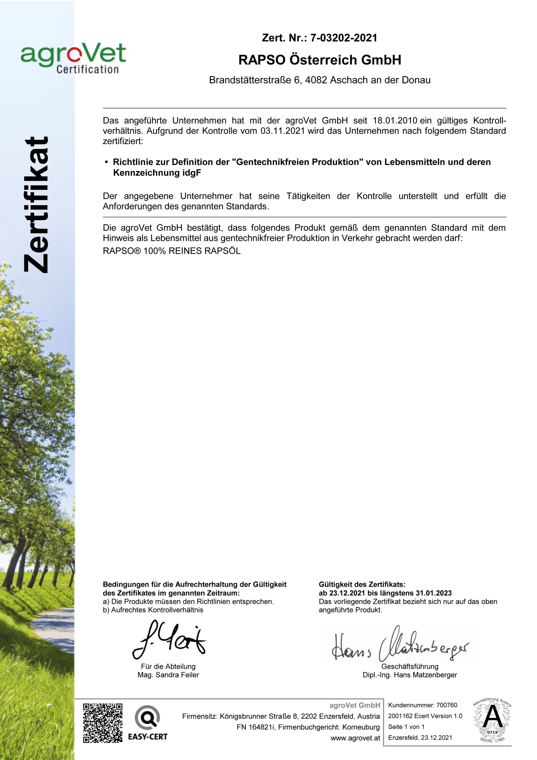 Agrovet Zertifikat Gentechnikfrei 2022